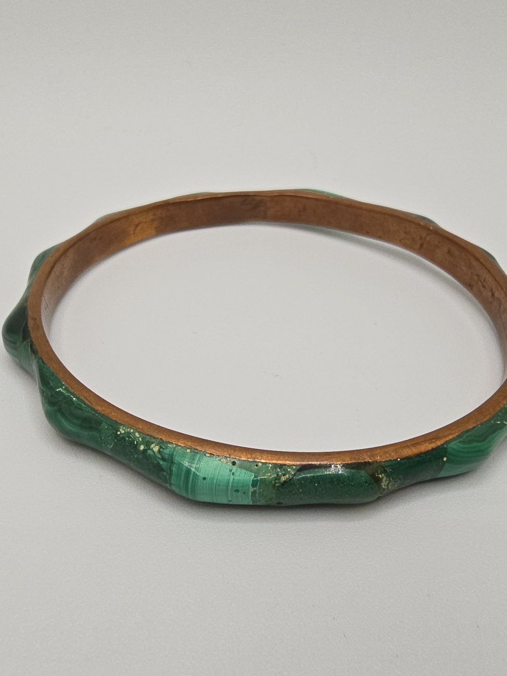 VTG Malachite Copper Bangle Bracelet Green Stone Inlay 8.25" 1970s - Picture 2 of 13